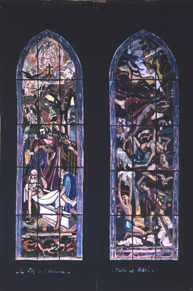 Cathédrale de Lausanne, deux études: à gauche Le Fils de l’Homme, à droite Caïn et Abel.